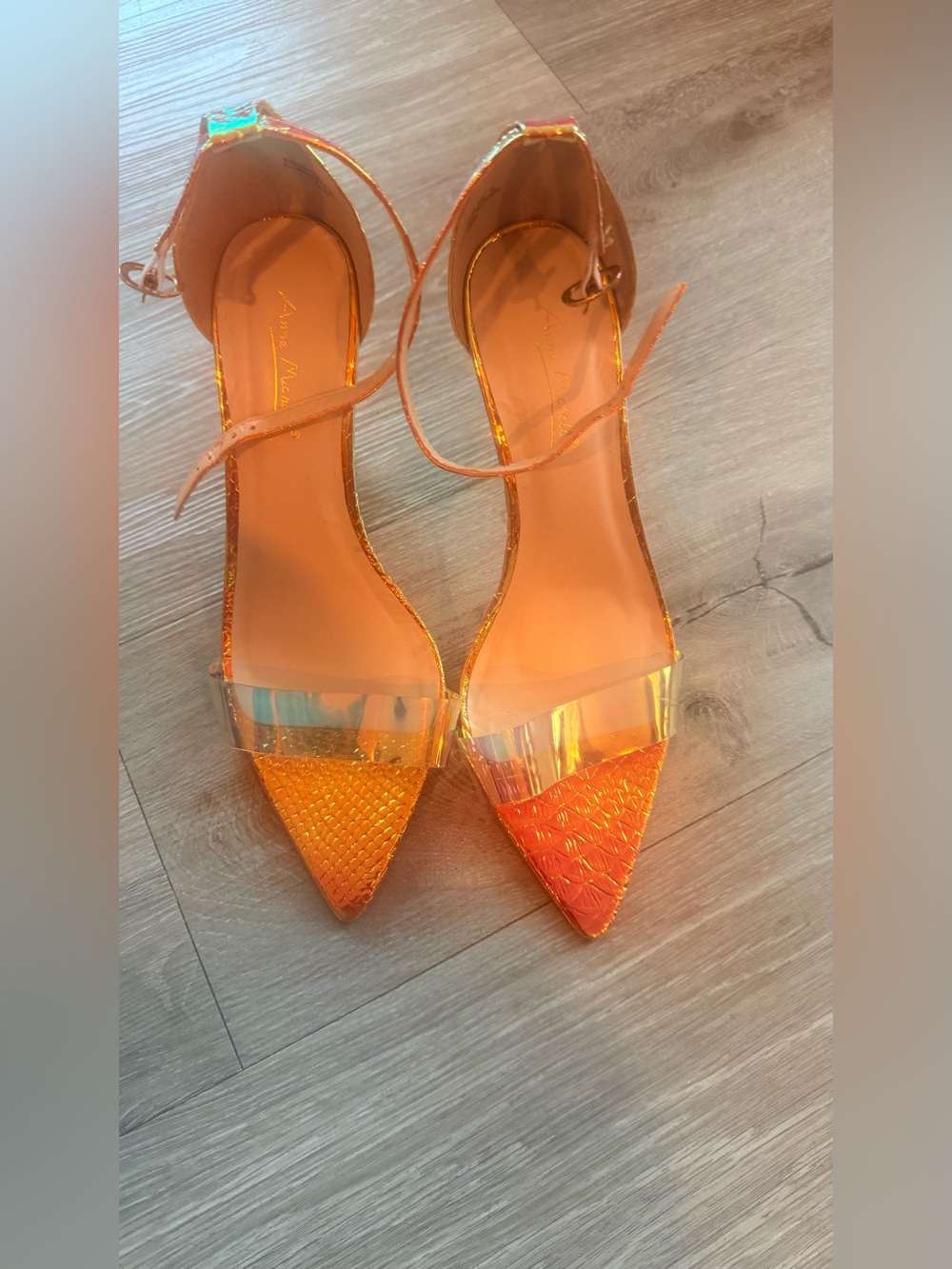 Anne Michelle Orange Pointed Toe Ankle Strap Heels
